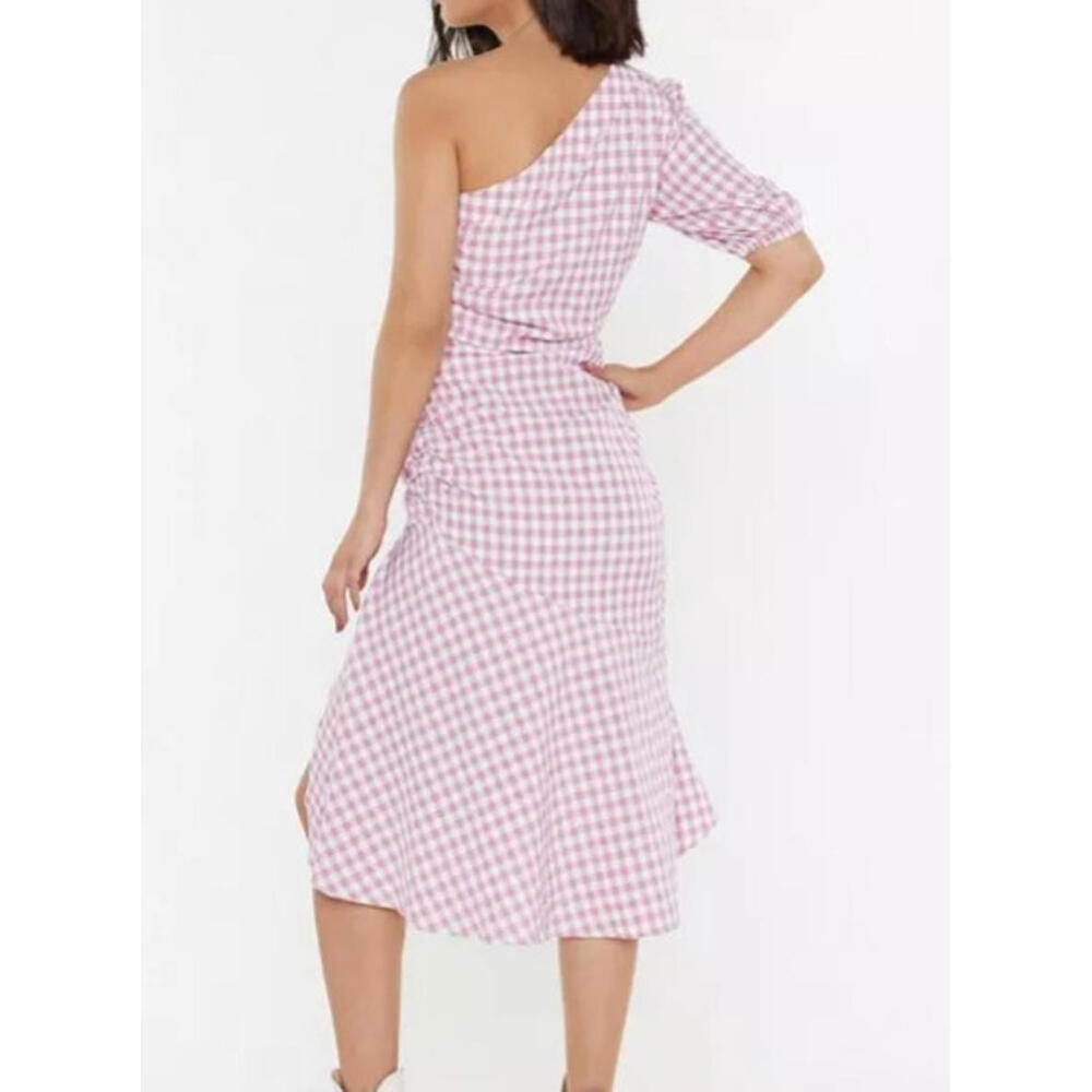 Nasty Gal‎ Pink Gingham Ruched One Shoulder Midi Dress US 6  Summer Slit - Picture 2 of 11